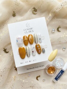 Handmade Mustard & White Press-On Nails
